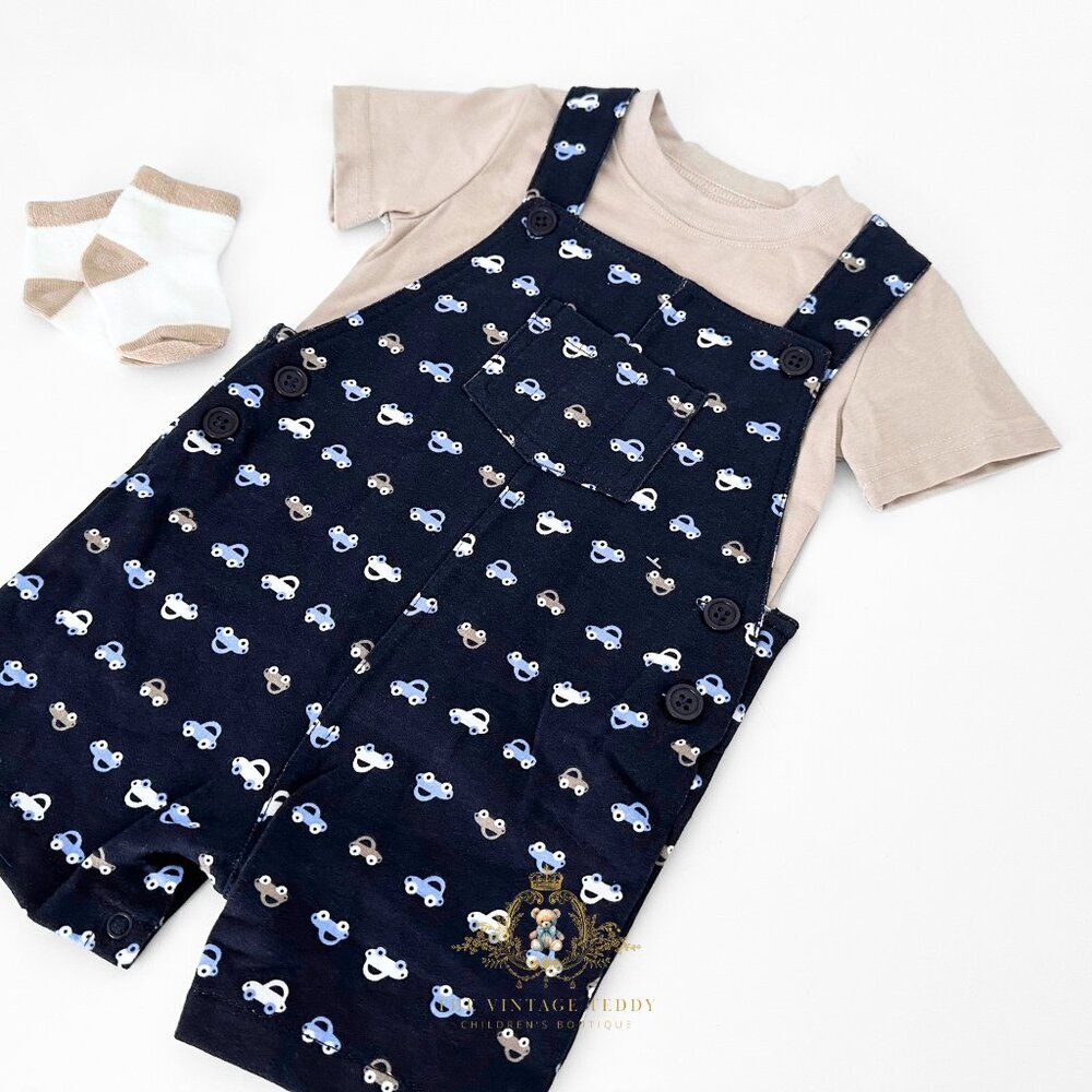 NWT Cute Boys Overalls Dungarees 3 Piece Matching Set Cars Navy Blue & Tan 3M - Picture 2 of 2